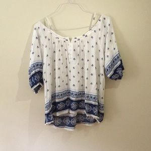 Blue and White Off-The-Shoulder Shirt